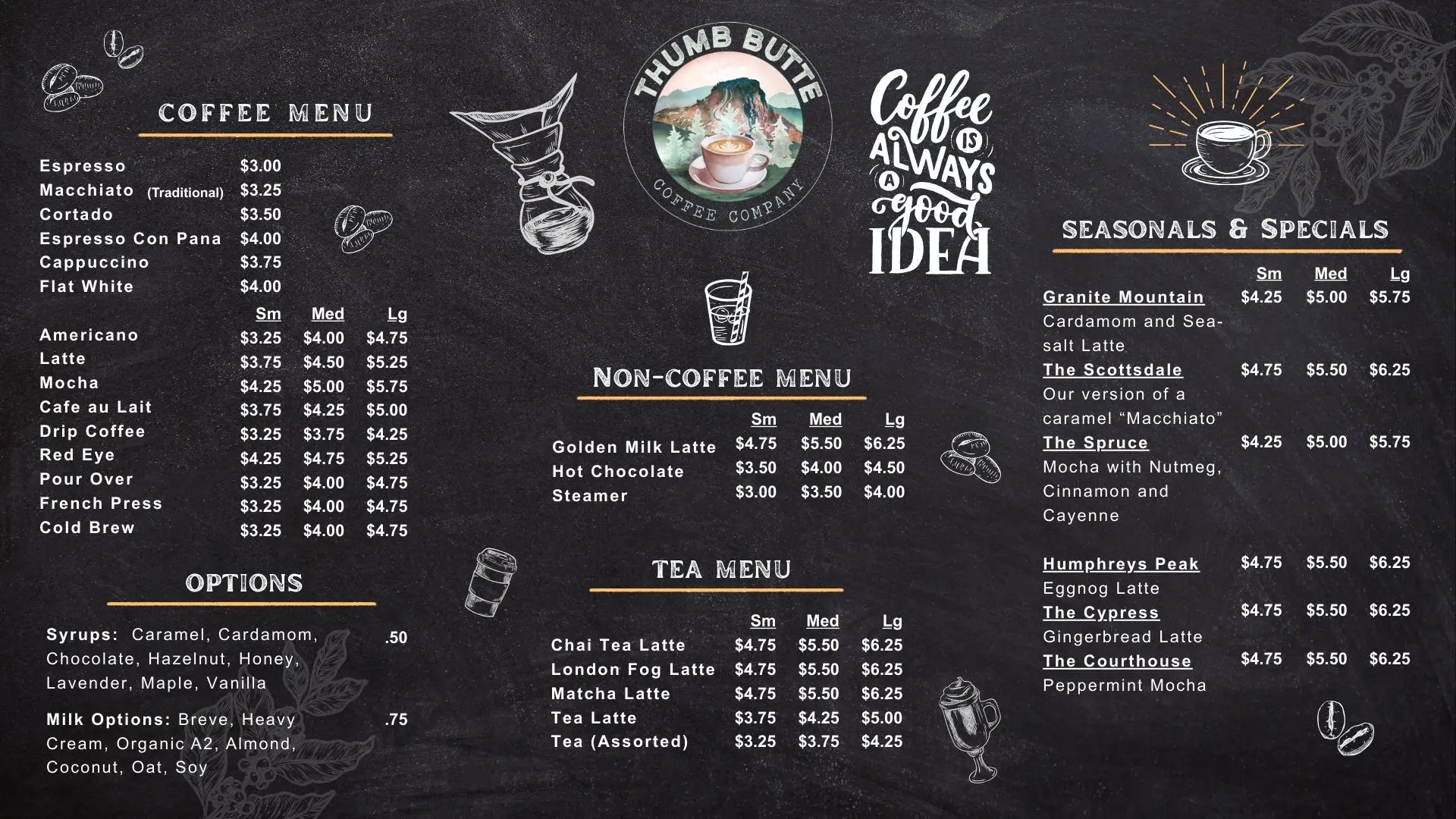 Thumb Butte Coffee drink menu