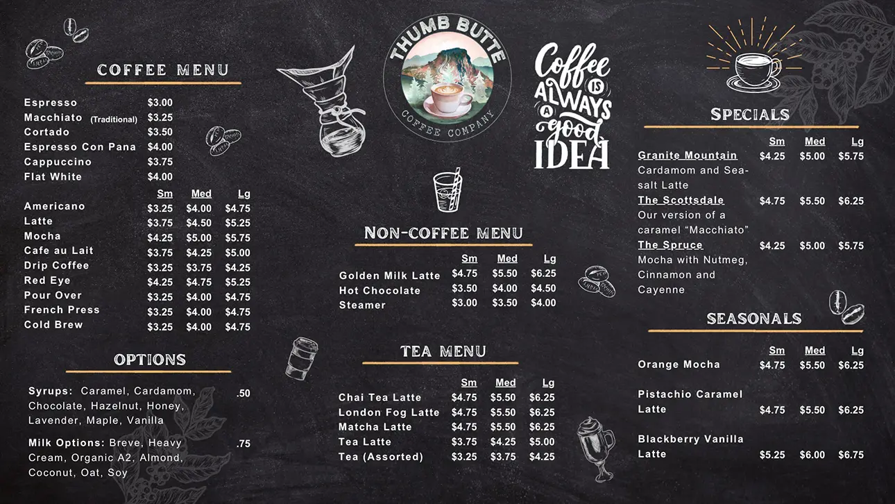 Thumb Butte Coffee Company drink menu March 2026
